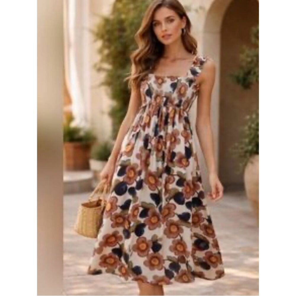 NWT Jacquie The Label Smocked Floral Midi Dress in Cream and Rust Large